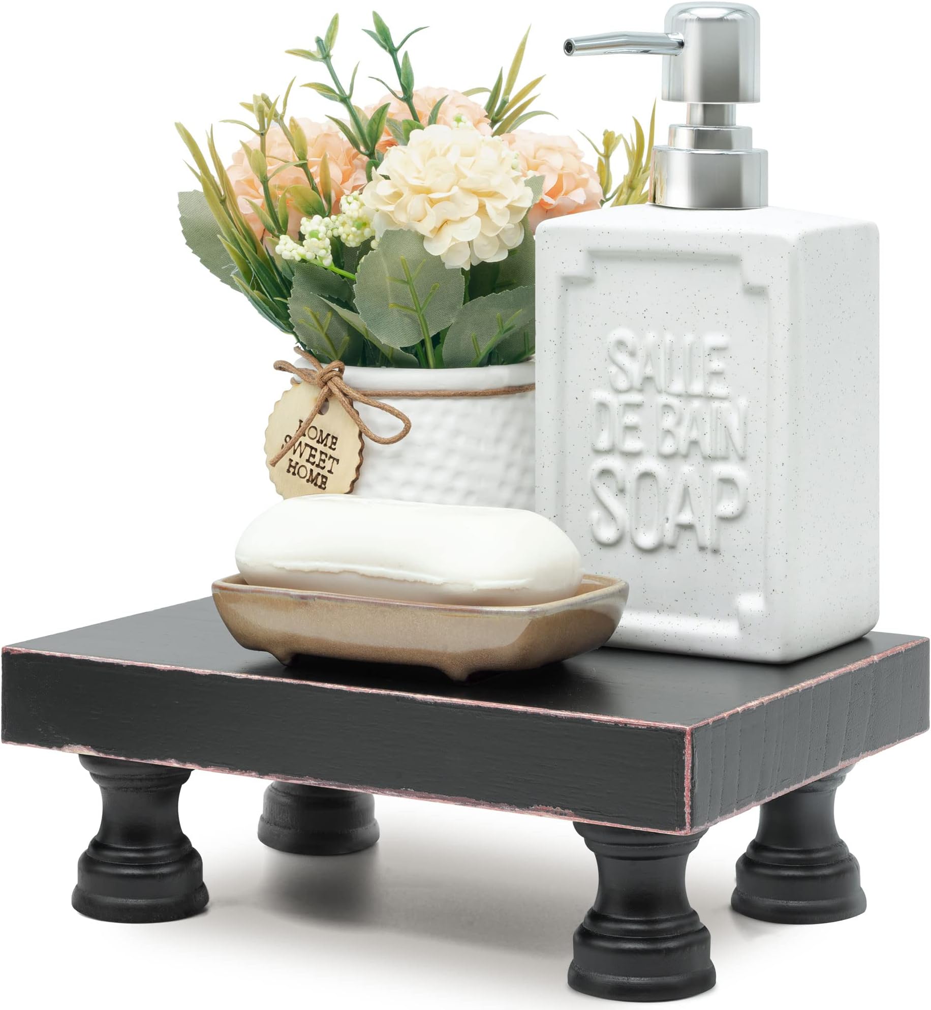 EOSAHR Modern Pedestal Stand for Kitchen Decor : Decorative Wood Riser for Display and Farmhouse Soap Dispenser Tray and Sponge Holder - Retro Countertop Organizer for Counter and Sink (Black)