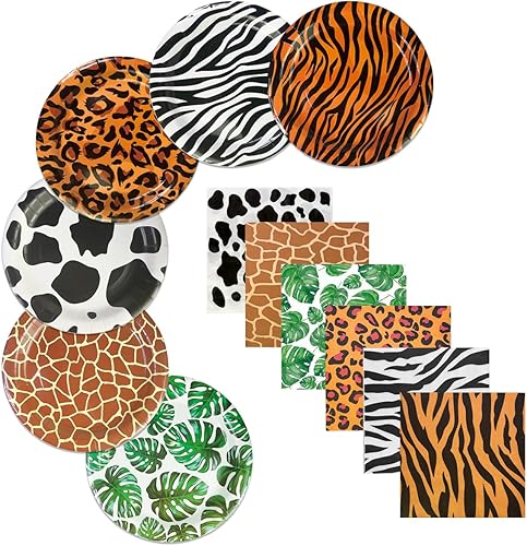 120 platos y servilletas de safari para fiestas, decoraciones desechables para fiestas de selva, platos de papel con estampado de animales de safari