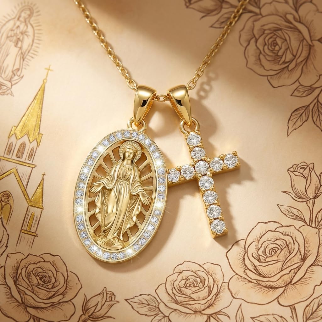 Two-Piece 14K Gold Plated Religious Necklace Set/Virgin Mary Medal and Diamond Cross Pendant S925 Sterling Silver Catholic Marian Devotion Baptism Gift for Women (Collar de la Virgen María)