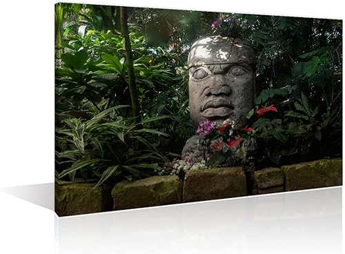 TUMOVO Escultura olmeca tallada en piedra para decoración del hogar, impresiones artísticas con símbolo maya, estatua de cabeza de piedra grande en