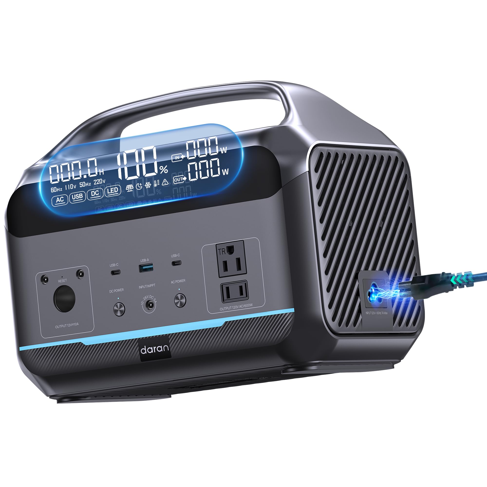 DaranEner Portable Power Station, Outdoor 288Wh(90,000mAh) LiFePO4 Battery, 600W(1200W Surge) AC Outlets, 1.7H Fast Charging Solar Generator for Camping, RV Travel, Home Use(Solar Optional)