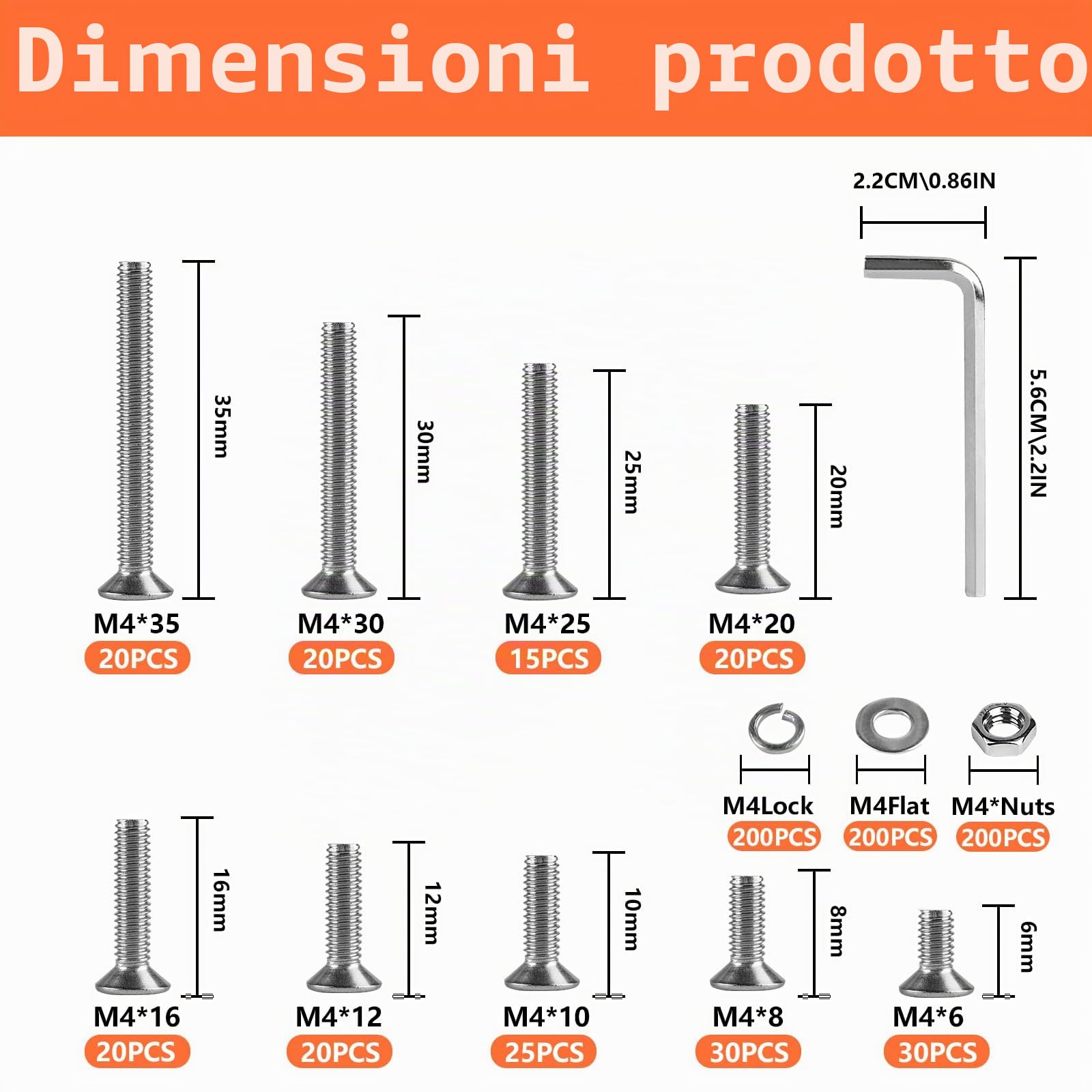 800 Pz M4 Bulloni e Dadi, Set Viti a Testa Svasata, Viti Bulloni a Testa Piatta con Esagono Incassato, Vite a Testa Esagonale Piatta con Dadi e Rondelle, Viti Esagonali in Acciaio Inossidabile Kit