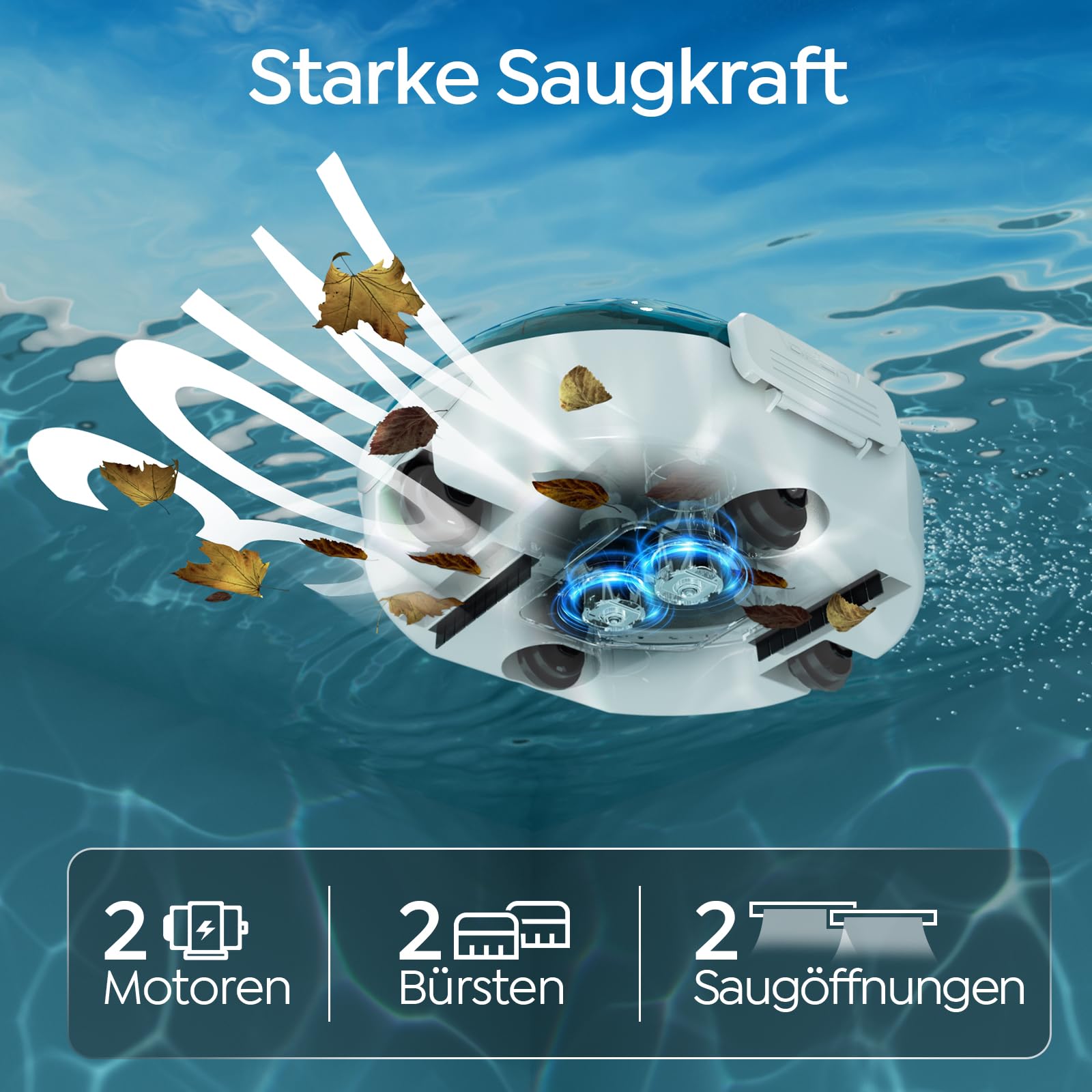 S2 Poolroboter, Kabelloser Poolsauger Akku, Doppelfiltersystem, 90 Min Laufzeit + 2,5H Schnellladung, Selbsteinpark Poolreiniger für Flachbodenpools bis 80 m²,Dual Motoren,Perlweißblau