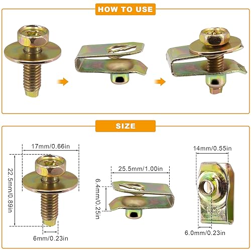 Miniatura 2 de 20 pernos de cuerpo M6-0.039 x 0.787 in de largo, hexagonal de 0.394 pulgadas, arandela de 0.67 pulgadas, 20 clips de tuercas en U para el motor