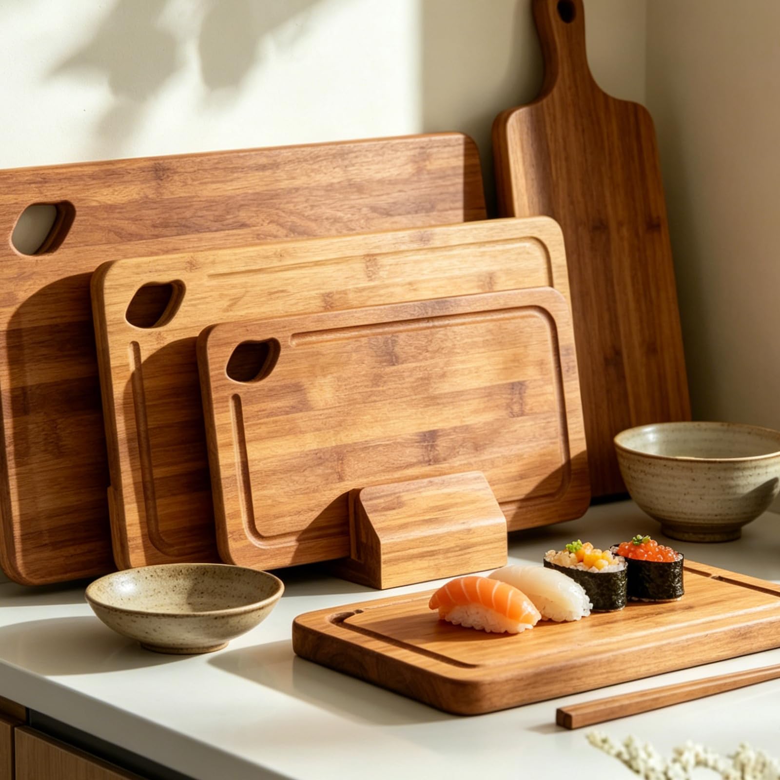 Juego de tablas de cortar de bambú natural de 3 piezas para frutas, verduras y carne, cocinas modernas, esenciales con tabla de cortar de diseño antideslizante