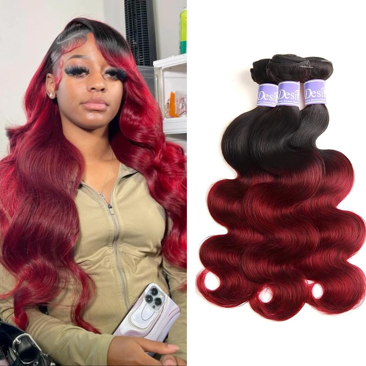 UDesire 1B/99J Ombre Body Wave Bundles Human Hair 3 Bundles Human Hair Body Wave 100% Unprocessed Brazilian Virgin Hair Extensions(10 12 14 Inch)