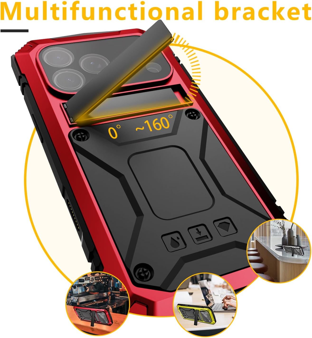 Metal Heavy Duty Phone Case Compatible with iPhone 17 Pro with Kickstand Built-in Gorilla Glass Lens Camera Protection Sturdy Military Durable Dustproof Aluminum Screws Cover for Men (Red)