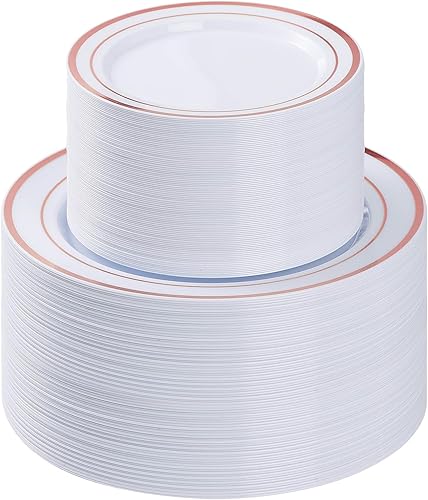 BESTVIP 200 platos de plástico color oro rosa, platos desechables para fiesta con 100 platos llanos y 100 platos de postre, platos de plástico para
