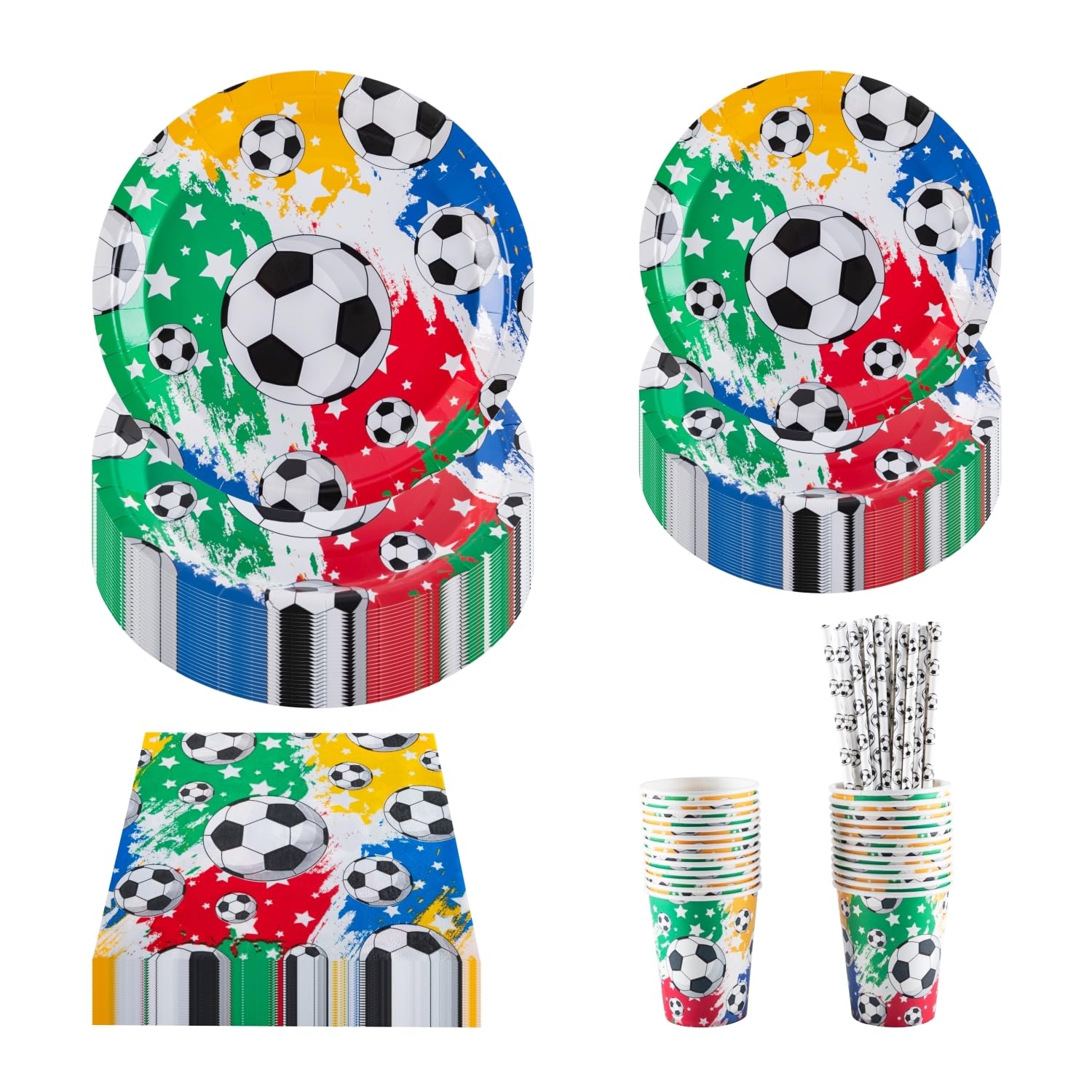 Zestaw talerzy i serwetek dla 25 gości, zawiera papierowe talerze (18 i 23 cm), kubki, serwetki, słomki, idealny na mistrzostwa świata, urodziny, imprezę sportową