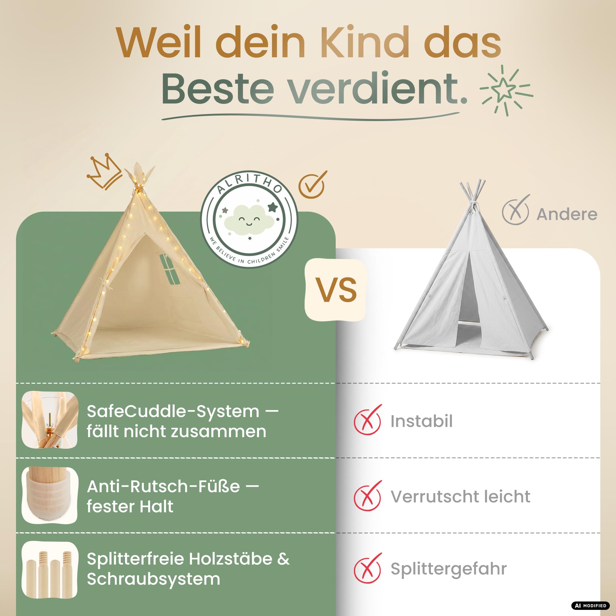 ALRITHO® Tipi Zelt für Kinder (Sandburgen Beige) – Spielzelt aus Silky Cotton & Holz inkl. Kuschelmatte, Tragetasche & SafeCuddle Stabilisator