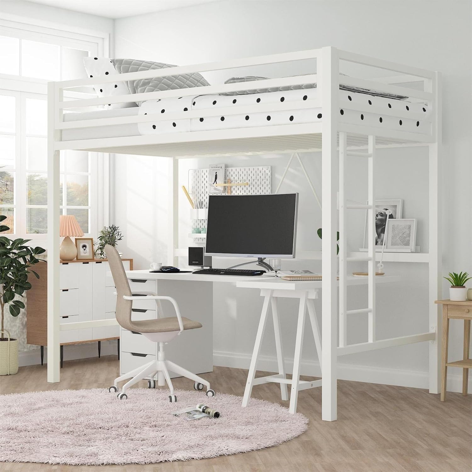A R Creation Shop Loft Bed Frame for Juniors&Adults, Metal Loft Bed Twin Size with Safety Guardrail & Removable Ladder, Space-Saving, Noise Free, Matte White-image-12