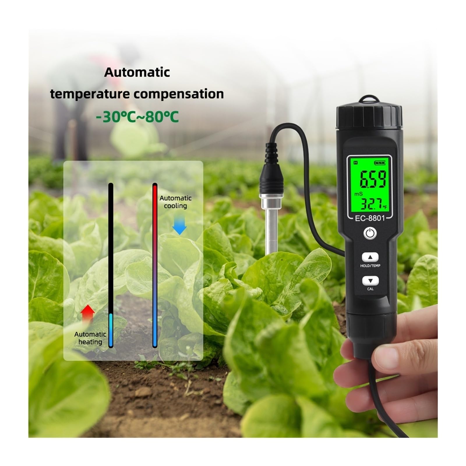Feuchtigkeitsmesser, Digitaler EC/Temp Bodentester 0,00 ~ 10, ms/cm Leitfähigkeitsmessgerät Sensor Erdanalysator mit ATC Pflanzgarten Outdoor für Garten, Bauernhof(EC-8801B)