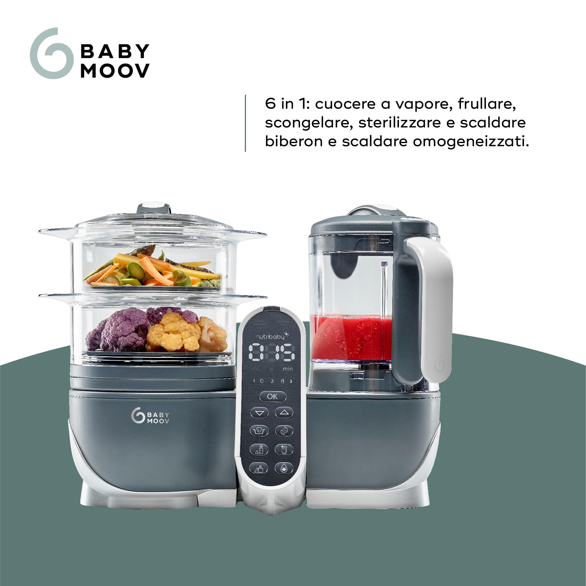Babymoov Nutribaby+, Cuocipappa Multifunzione 6 in 1 Grigio + Babybols Set Da Sei Vasetti 250 Ml, Cuocivapore, Frullatore, Grande Capacità per i Bambini, Fino a 10 Pasti Preparati Contemporaneamente