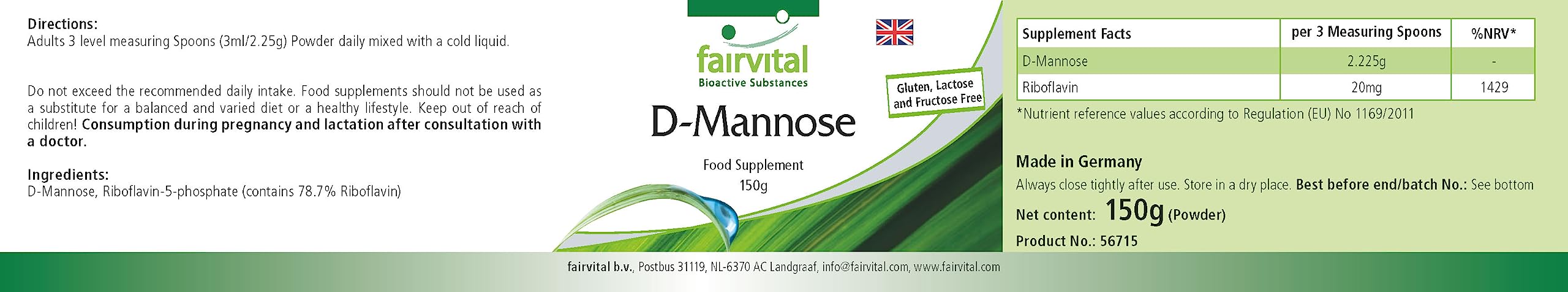 fairvital D-mannose 150 g de poudre, avec de la vitamine B2 (riboflavine), 100% pur et 100% végétalien, hautement dosé, qualité contrôlée, fabriqué en Allemagne