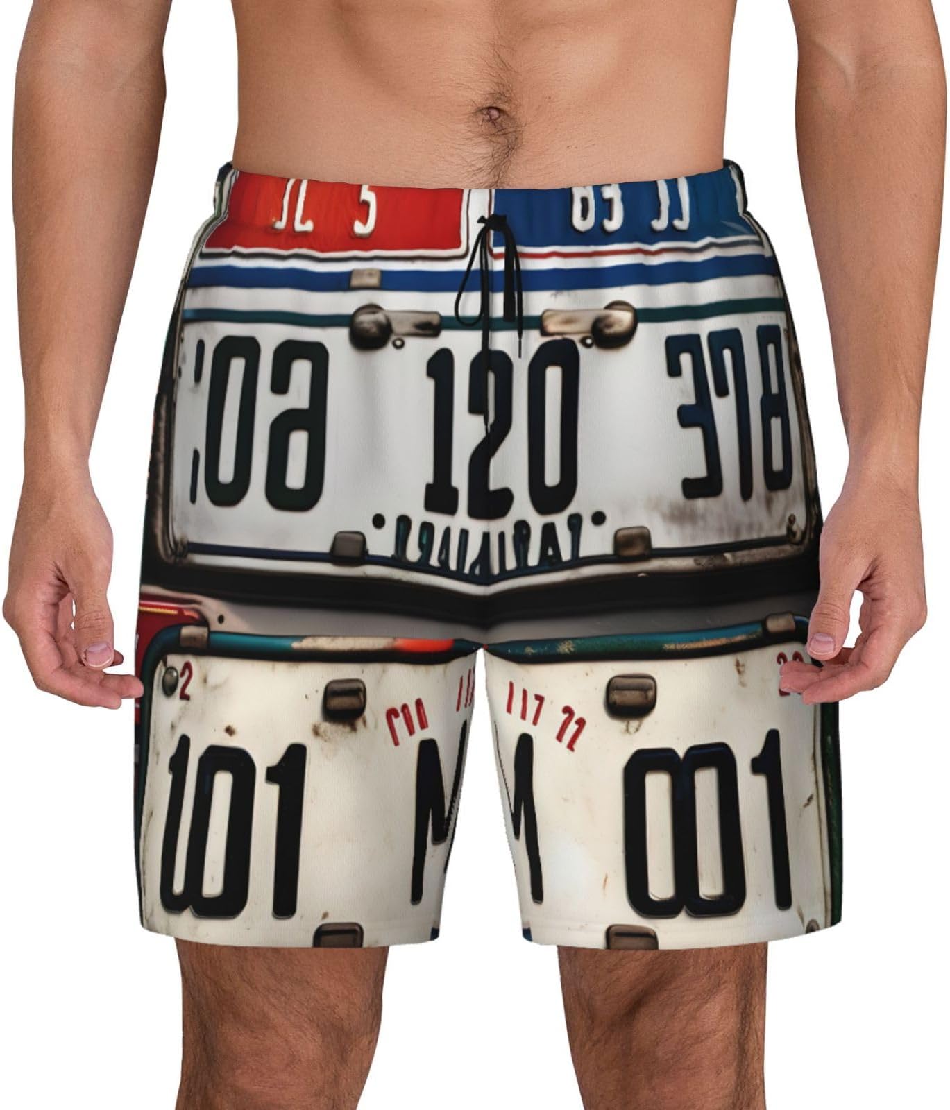 Old License Plate Mens Swim Shorts with Stretch Compression Liner Bathing Suit Swimming Shorts