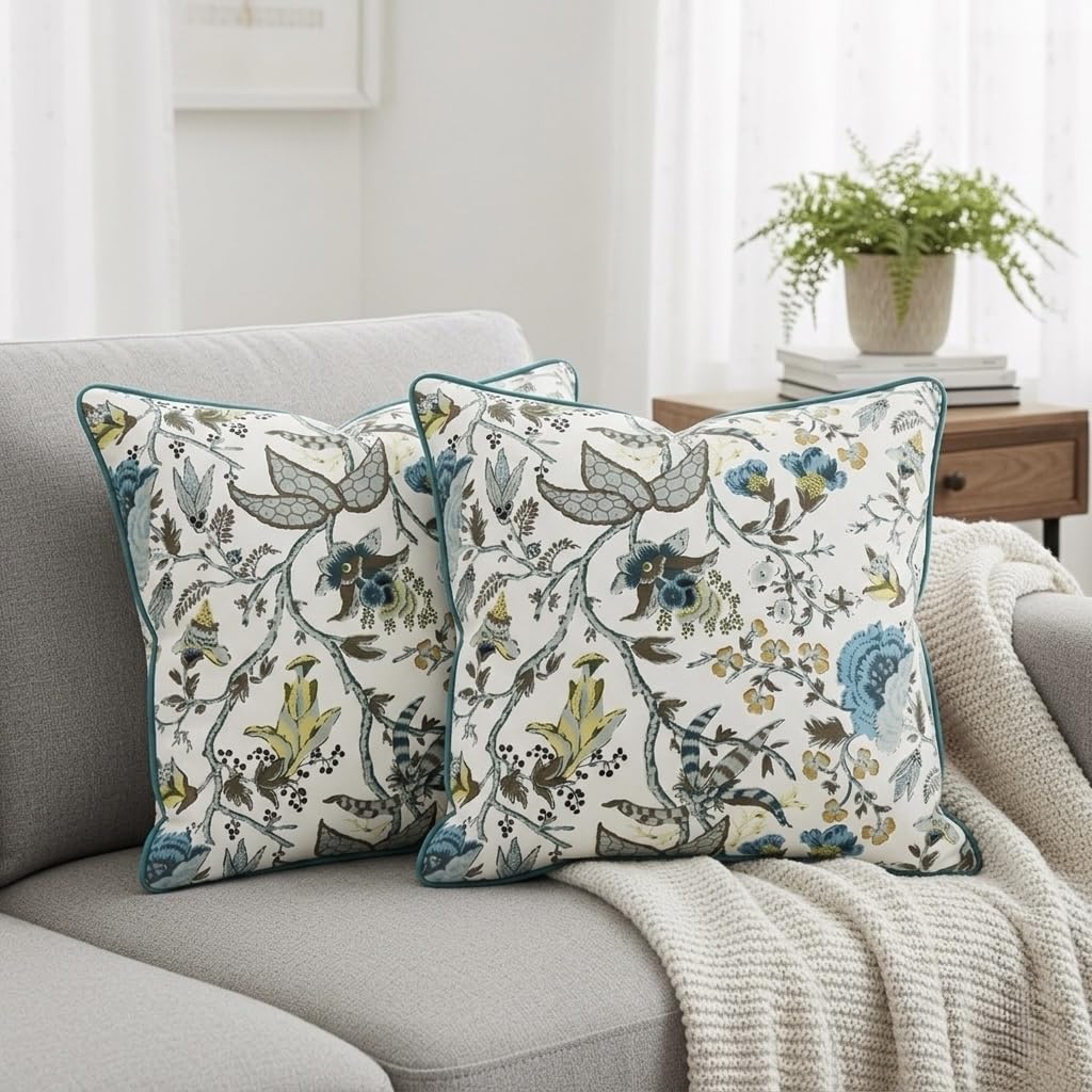 Botanical Cotton Cushion Cover Floral Prints | Throw Pillow Cover for Sofa & Living Room | Sky 22x22 Inch | Set of 2-image-48