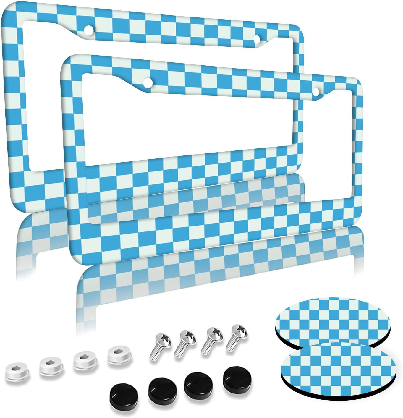 Blue Checkered License Plate Frames 2 Pack 2 Holes Aluminum License Plate Cover with 2 Pcs Car Coasters and Screw and Black Screw Caps for Girl Women Men Gifts