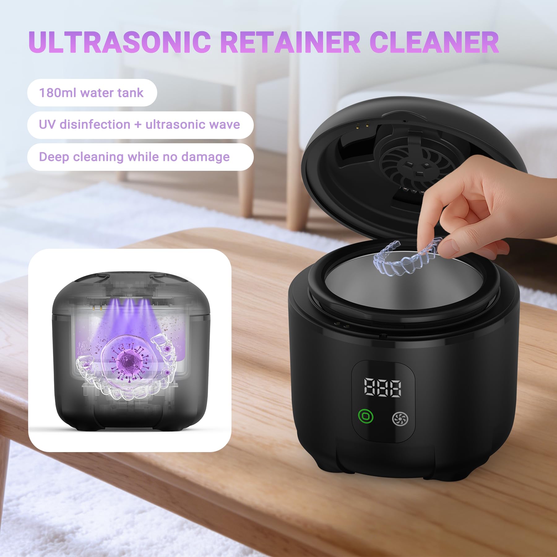 Ultrasonic Retainer Cleaner 25W Portable Ultrasonic Denture Cleaner Multi-Mode 45KHz with Drying and Removable Inner for Dental Trays, Braces, Jewelry, Toothbrushes, Mouth Guards, Aligners,Ring Black - 4