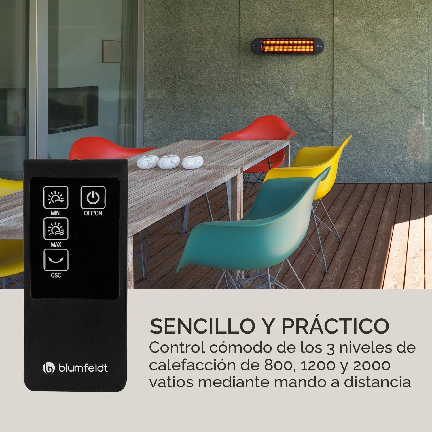 blumfeldt Gold Bar 2000 Swing - Calefactor infrarrojo, Automático, Hasta 40 m², Horizontal con oscilación a 60°, Potencia de 2000 W, 3 niveles de calor: 800/1200 / 2000 W, Mando a distancia, Negro