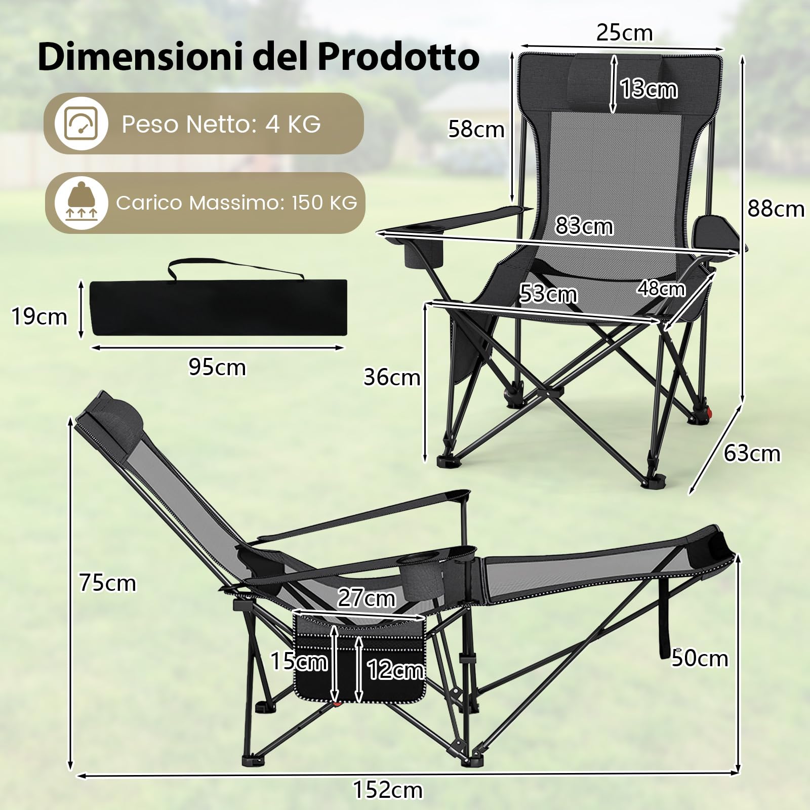 COSTWAY Sedia da Campeggio Pieghevole con Poggiapiedi Rimovibile, Schienale Reclinabile, Portata 150 kg, Tela Oxford Grigio