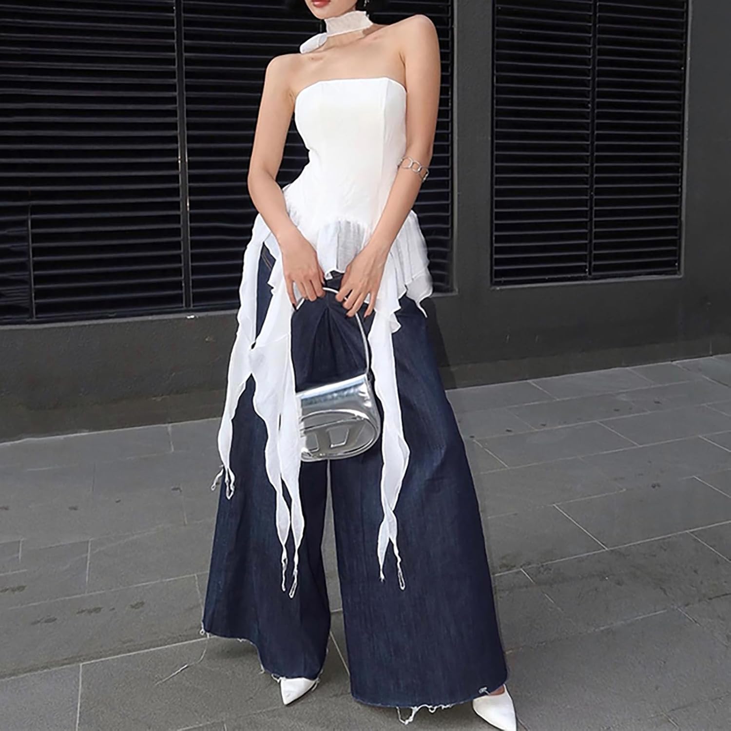 Womens Sleeveless Backless Going Out Crop Tank Top Sexy Asymmetrical Ruffle Flowy Trendy Summer Tops Outfits - Image 3