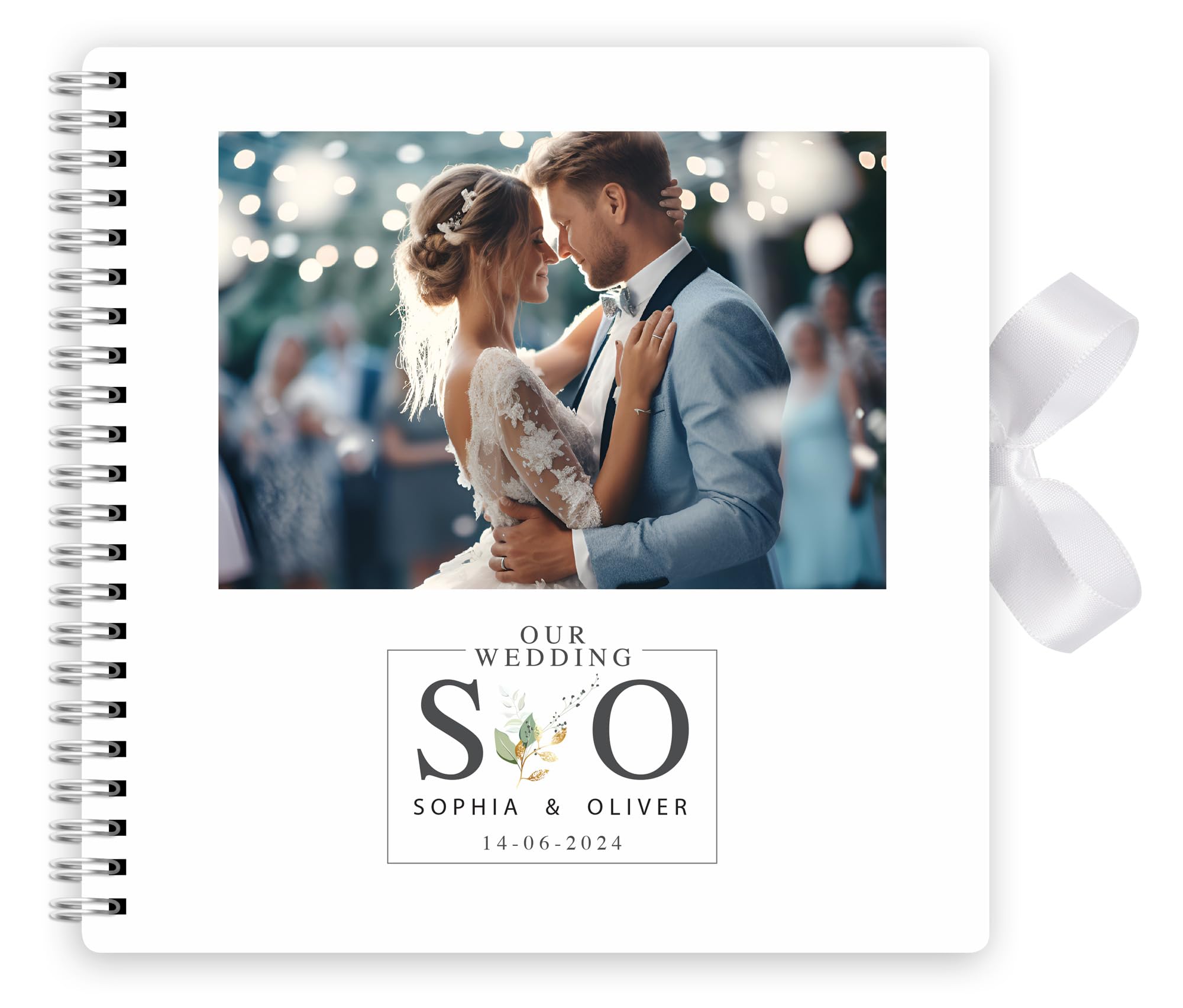 Personalised Photo Wedding Guest Book Keepsakes,Signature Scrapbook, Photo Album Wedding Couple - 20cm x 20 cm - 50 Sheets (Initial Letters, White)