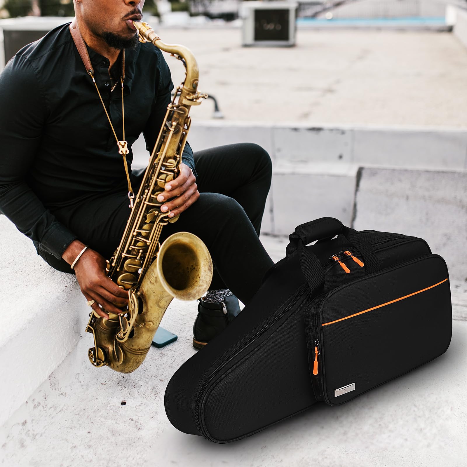 Vaguelly Valise pour saxophone alto Oxford étanche avec rembourrage de 18 mm, bandoulière, poche extérieure, de transport léger pour saxophone Noir