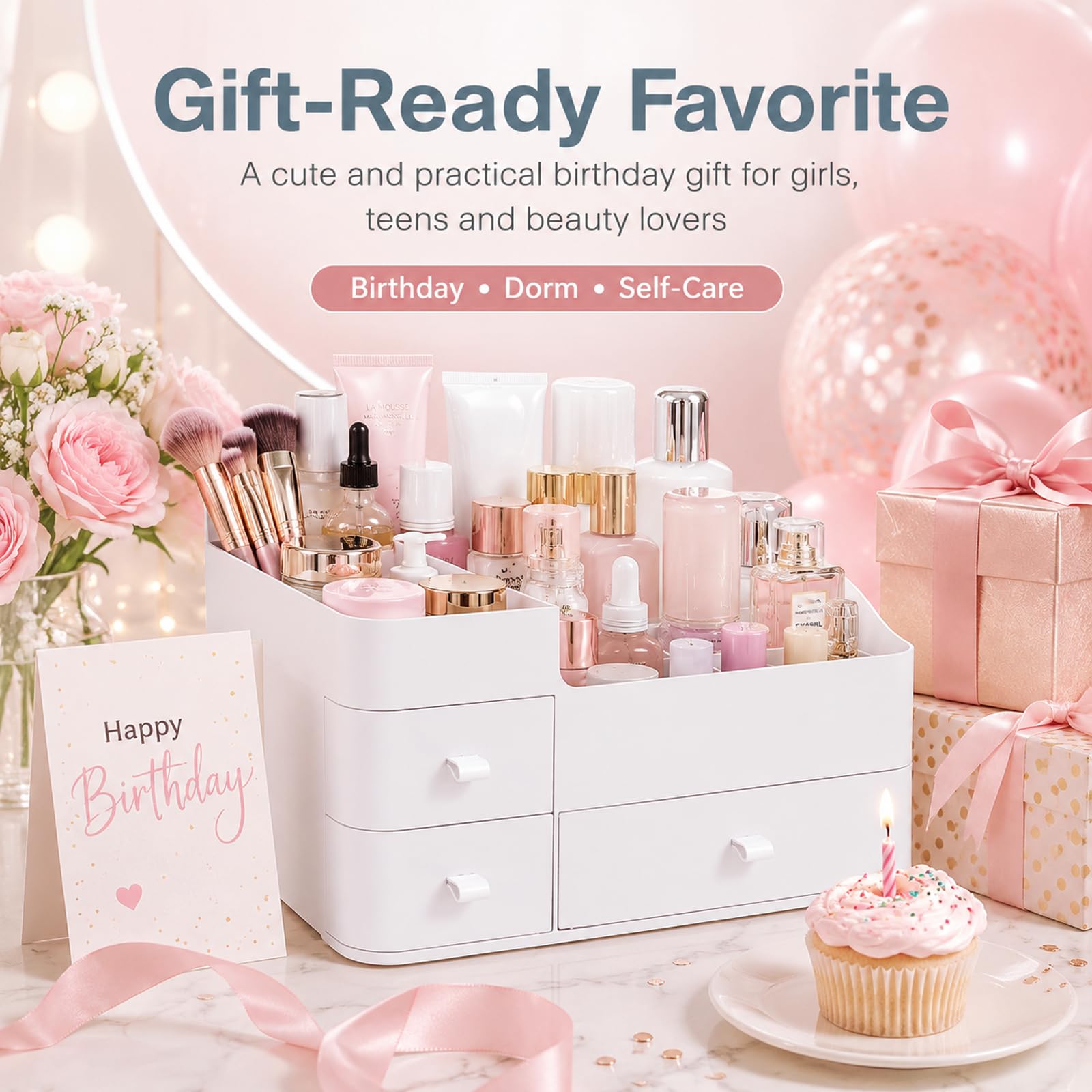 Organizador de maquillaje con cajones, organizador de baño de gran capacidad para encimera, tocador o dormitorio, ideal para cosméticos, perfumes, brochas, sombras, pintalabios y esmaltes