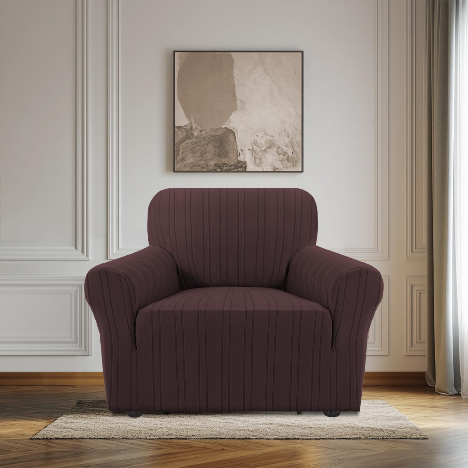 BellaHills High Stretch Armchair Covers Super Soft Chair Covers for Living Room Non Slip Sofa Cover with Elastic Bottom Couch Covers Washable Jacquard Fabric Stripe Design (1 Seater, Brown)