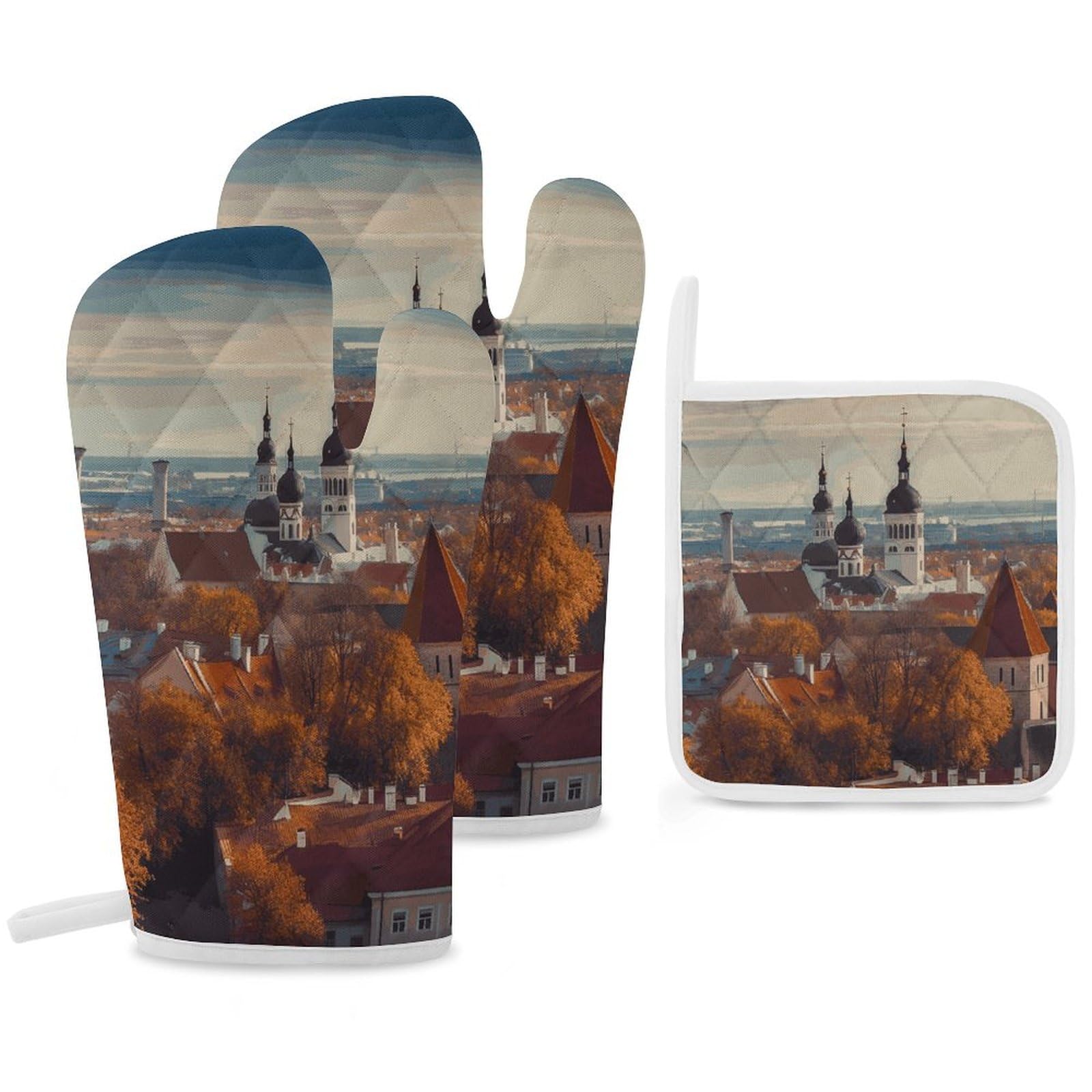 Gants de cuisine Tallinn Estonie et maniques isolants imprimé paysage urbain