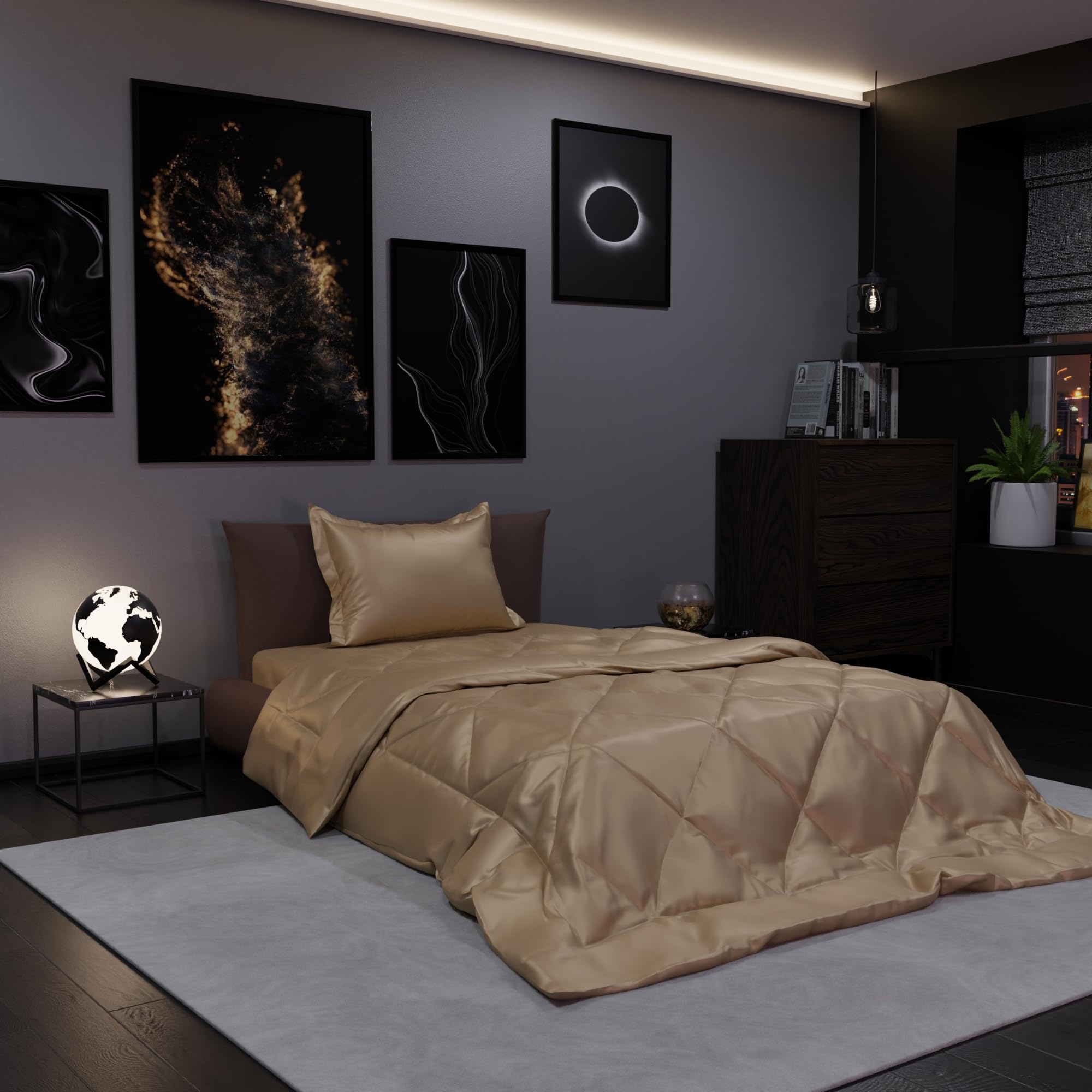 Stoa Paris Satin Comforter Single Bed with 300 TC Ultra Satin Fabric, Gifts for Women, Housewarming, Couples, Wedding, Bedroom Home Furnishing, Date Night Collection - Eternal Glow, Gold