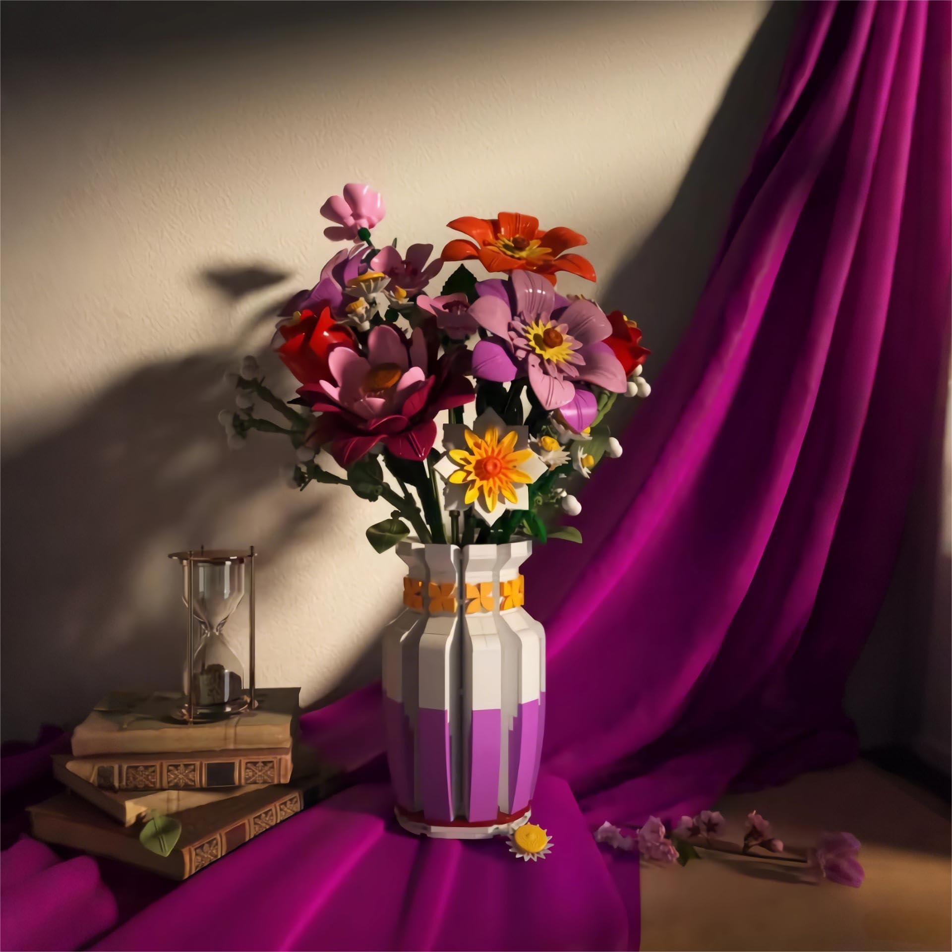 Set di Costruzione di Mazzetto di Fiori con Vaso Bicolor, 16 Set di Mazzetti di Fiori Artificiali per Adulti e Donne, Compatibile con la Collezione Botanica di Mazzetti di Fiori Lego, 1278 Pezzi