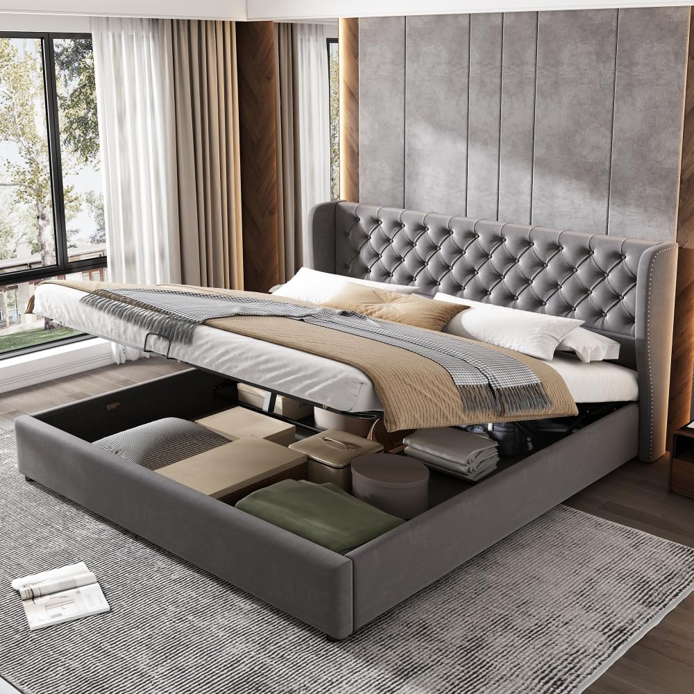 Lubvtti Letto imbottito in velluto a forma di orecchio,letto matrimoniale con spazio di stoccaggio idraulico,letto contenitore matrimoniale con rete a doghe (Grigio,180x200)