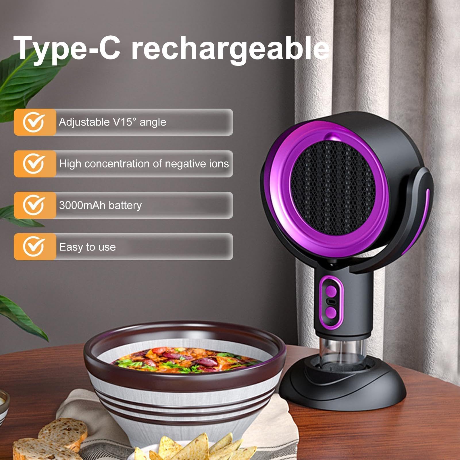 Campana Extractora Portátil para Cocina - Ventilación Recargable 3000 mAh, Campanas de Cocina con Rotación de 360 Grados, Extractor de Aire Portátil para Cocinar y Uso en Escritorio