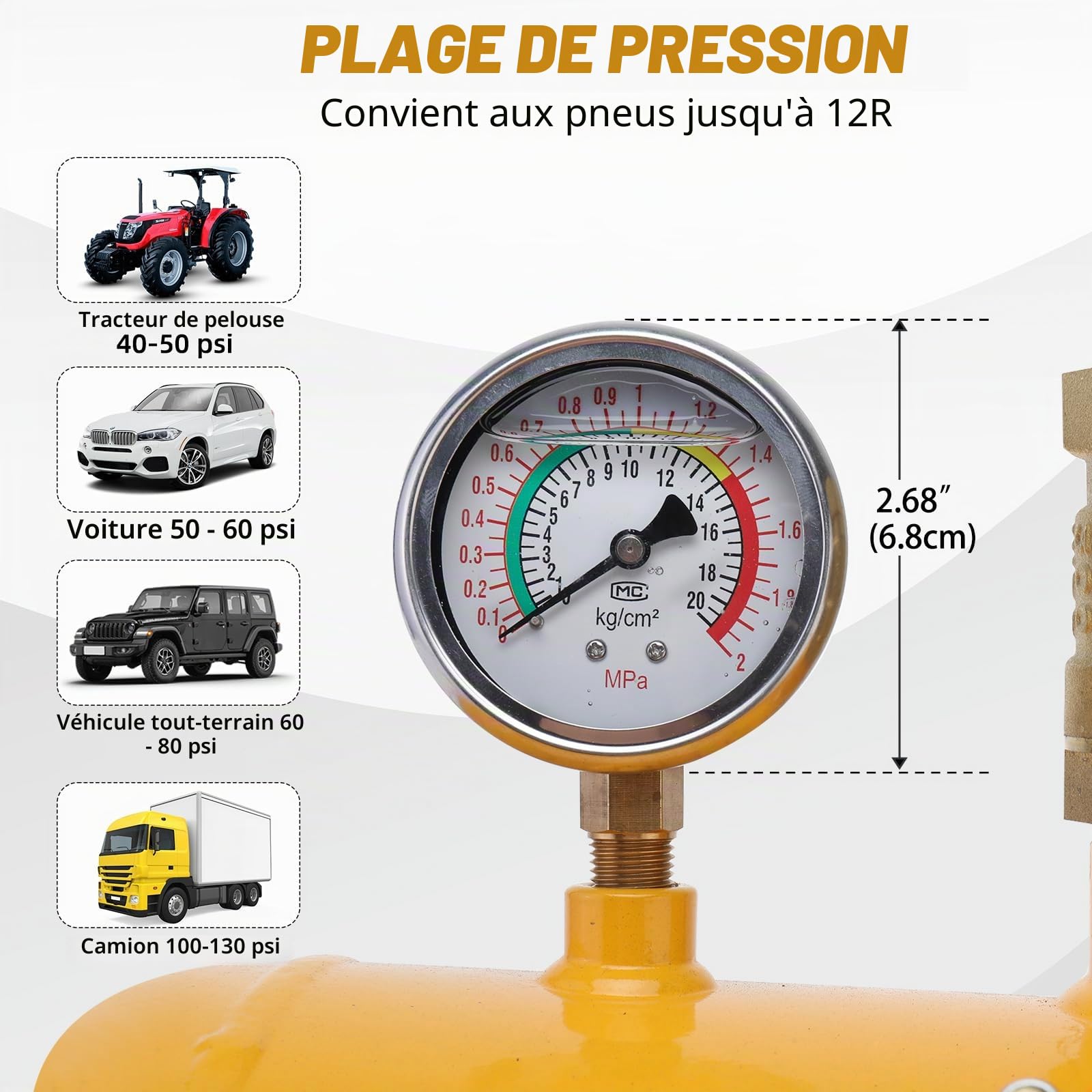 FreeTec Gonfleur Booster Pneu, 20L 5 Gallon Bonbonne Air Pneus, 6-8 Bar Gonfleur Jante Style Canon à Air et Bazooka avec Manomètre & Soupape de Sécurité pour Pneus 12R (24.5") Camion Tracteur, Jaune