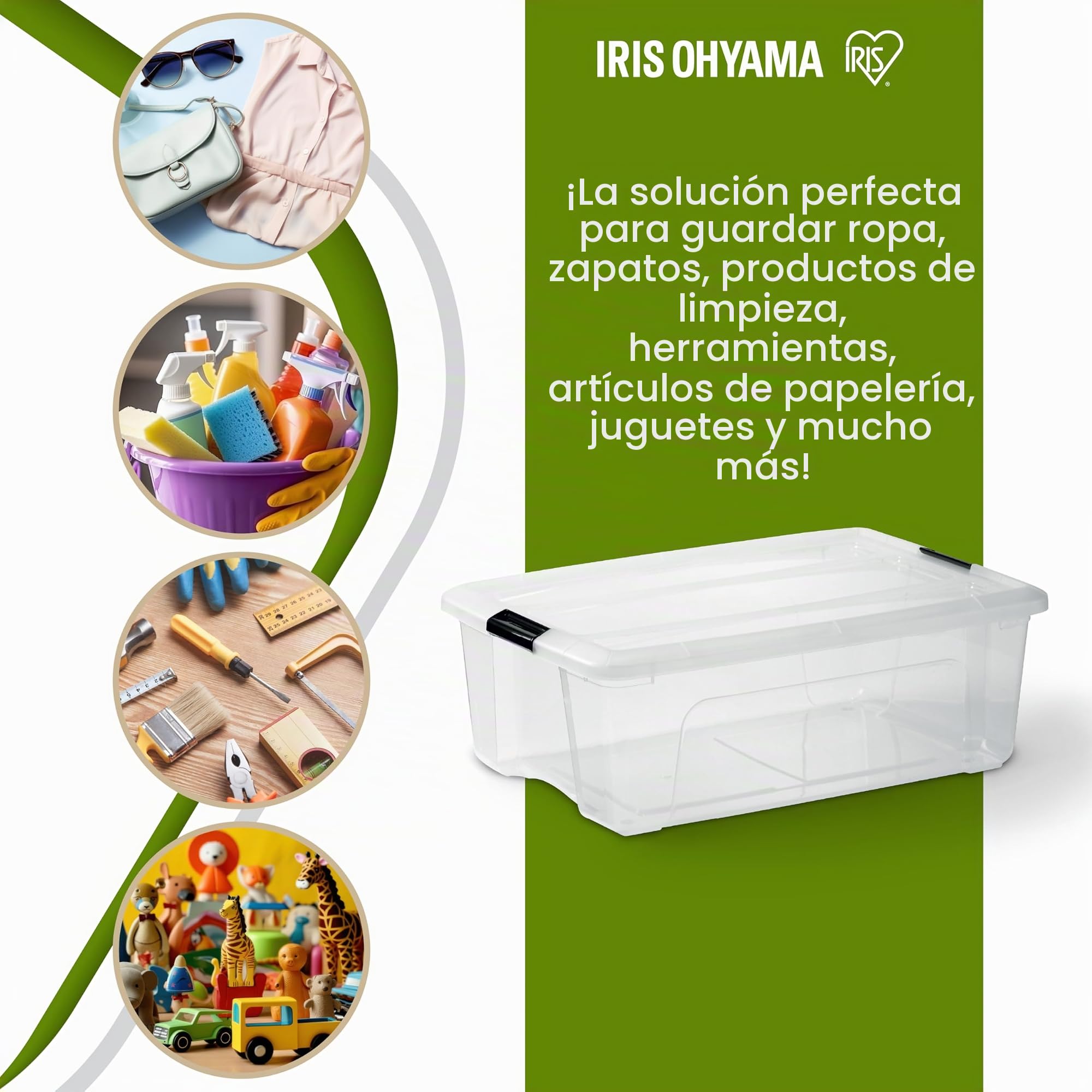 Iris Ohyama, Caja de Almacenamiento Plástica con Tapa, 32L, Lote de 4, Transparente, Clips de Cierre, Asa, Apilable, Organización Sólida y Duradera, para Habitación, Vestidor, Oficina, BSB-32