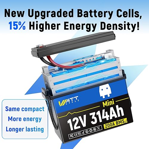 Miniatura 7 de WattCycle Mini batería LiFePO4 de 12 V, 300 Ah (314 Ah), 200 A BMS 4.01 kWh IP65 impermeable, 15000 ciclos de corte a baja temperatura, cables