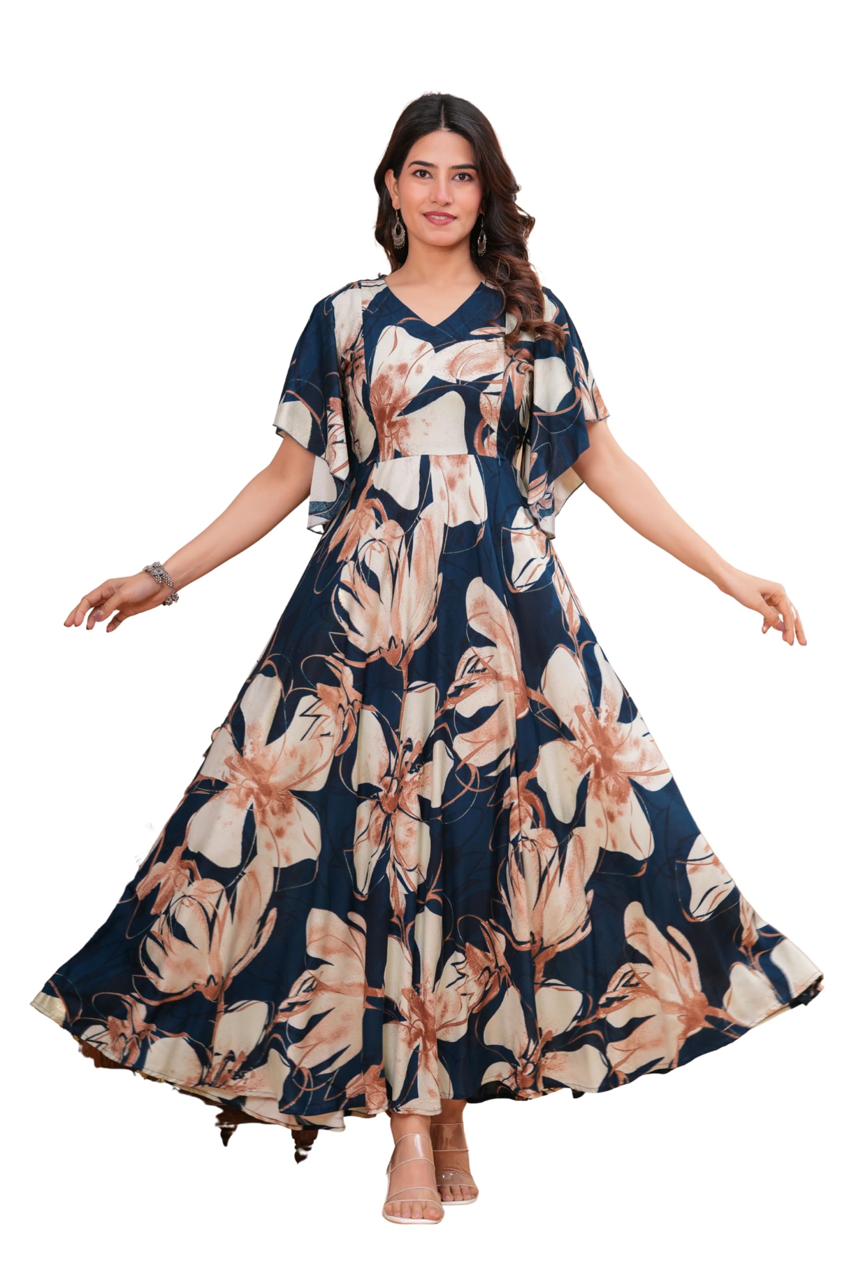 shansh Floral Rayon Maternity & Nursing Maxi Kurta with Foil Print, Kaftan Sleeve, Hidden Zipper, Empire Waist, A-Line-picture-10