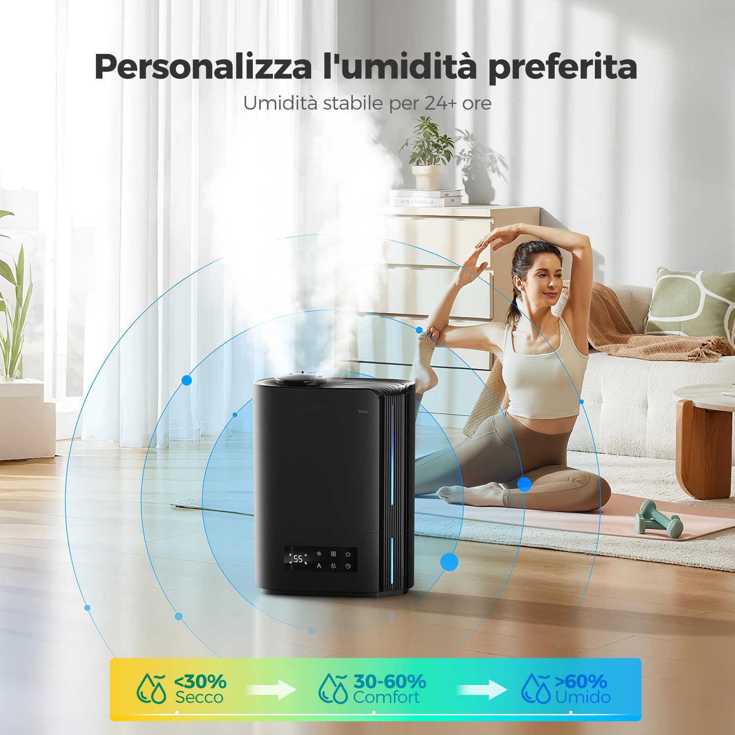 AROEVE Umidificatore Ambiente 6L, Diffusore di Oli Essenziali, Umidificatore a Ultrasuoni Top Fill per Bambini, Piante, Fino a 60 Ore di Autonomia, Controllo Umidità Intelligente, Silenzioso, Nero