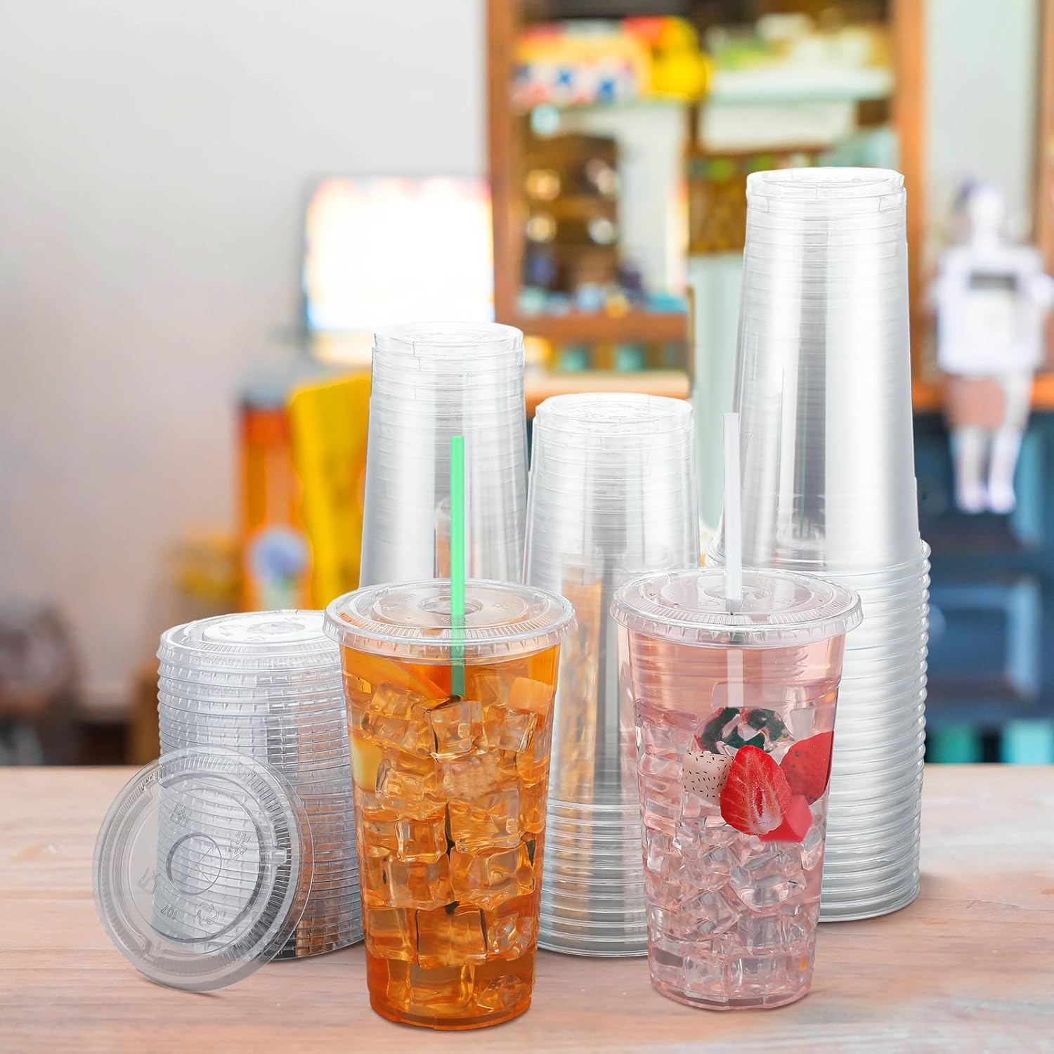 Hushee 500 Sets 32 oz Clear Plastic Cups with Lids and Individually Wrapped Straws Disposable PET Cups for Iced Coffee Cold Drinks Smoothie Juice Parfait Milkshake Parties