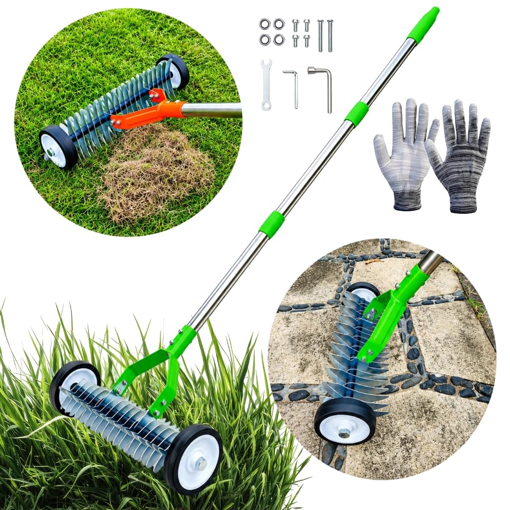 Manueller Hand-Vertikutierer & Rasenlüfter auf Rädern mit 130cm Stiel & Gartenhandschuhen, Aerifizierer mit 21 verzinkten Stahl-Klingen, Rollrasenlüfter für optimale Rasenpflege & Moosentfernung