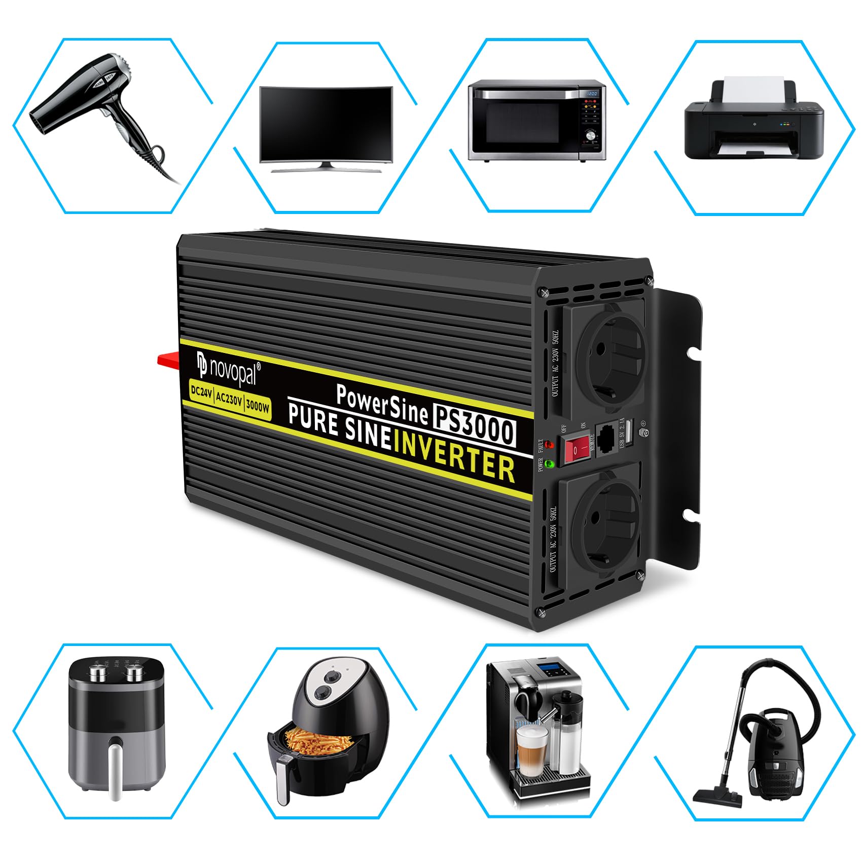 NOVOPAL 3000W Convertisseur Pur Sinus 24V 220V Onduleur Transformateur