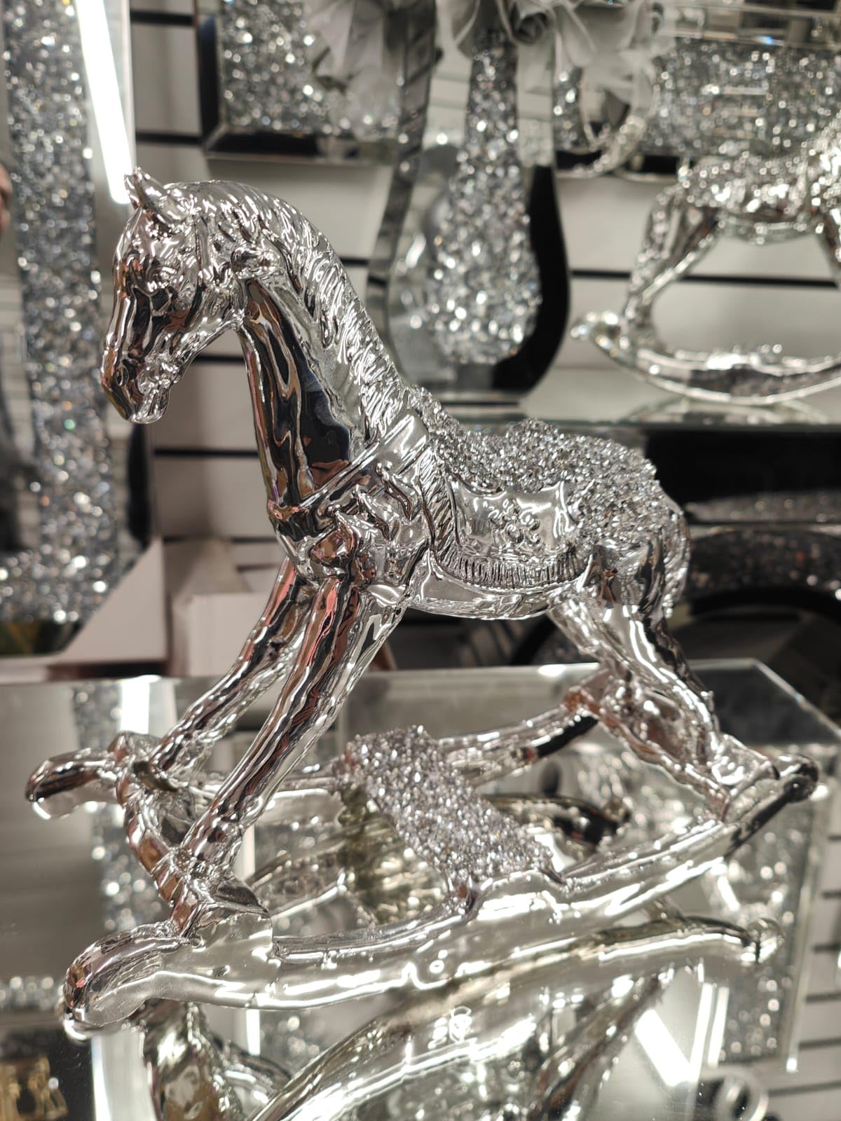 Biznest Silver Crushed Diamond Rocking Horse Ceramic Ornaments Sparkle Gift Living Room Bedroom Accessories