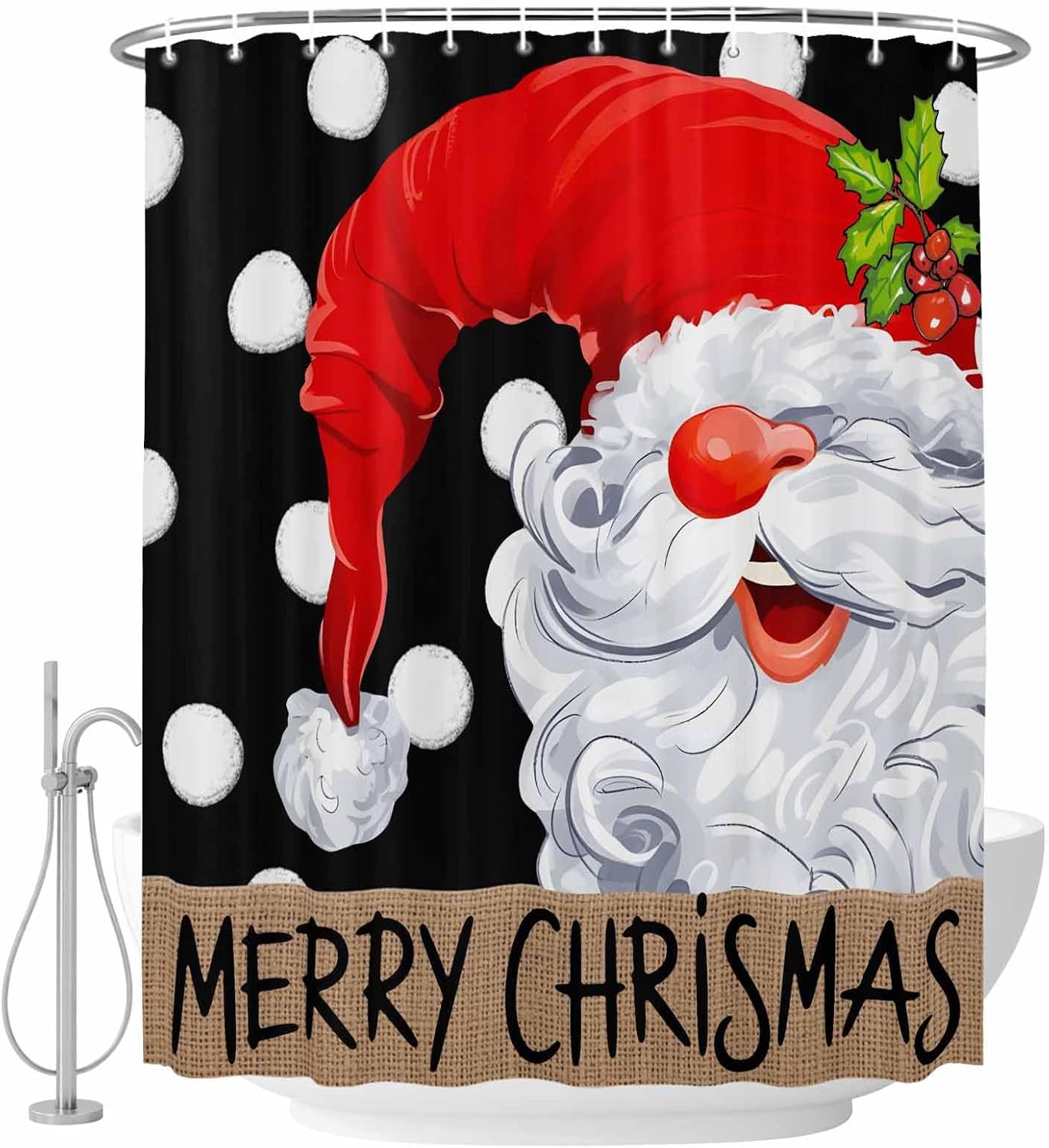 Christmas Gnomes Waterproof Shower Curtains Set - Extra Long Shower Curtain 72 x 96 Inch, Black Red Merry Christmas Fabric Bathroom Curtain with 12 Hooks, Bathroom Accessories