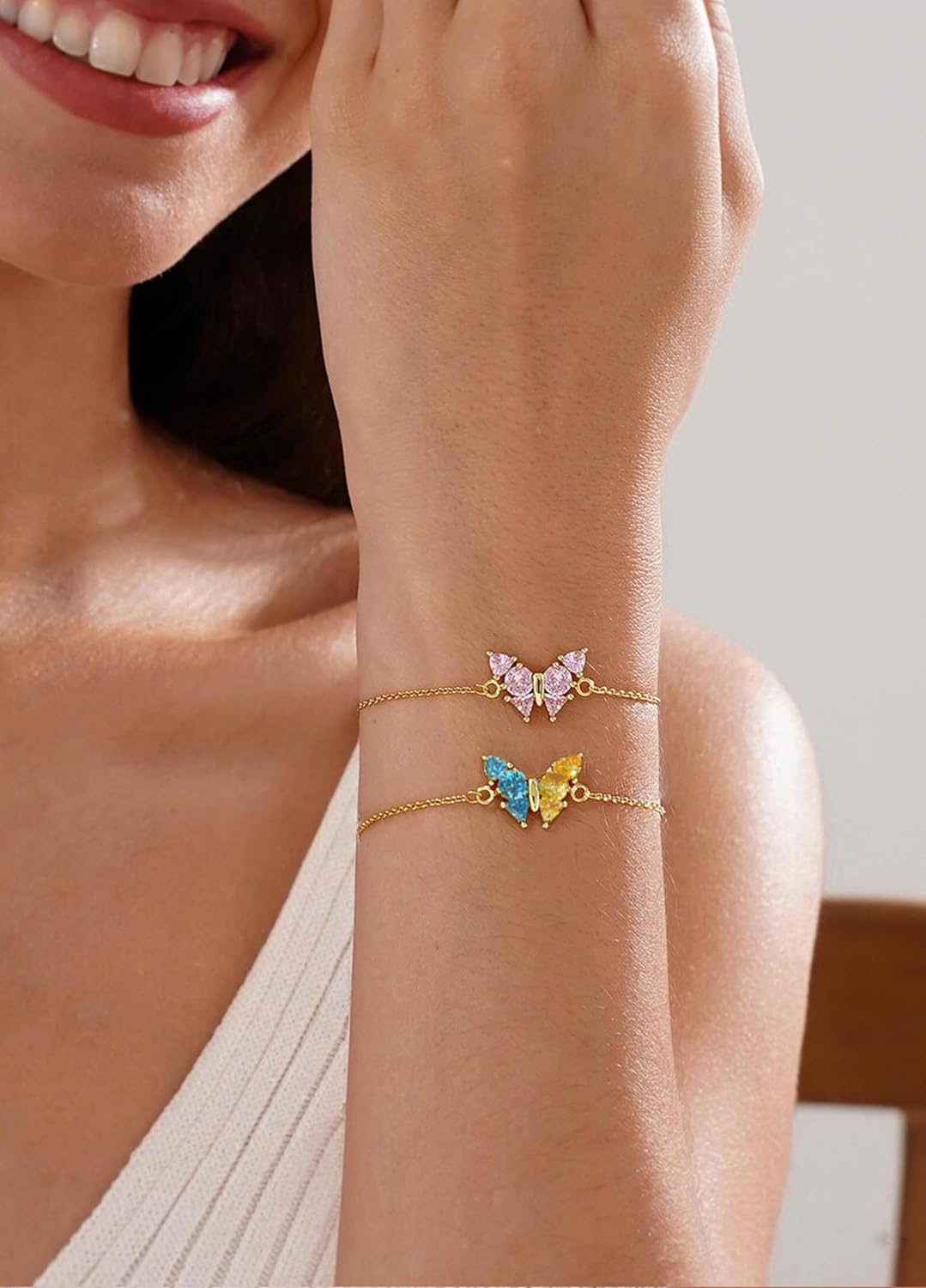 Dainty Birthstone Bracelet for Women Butterfly Charm Bracelet 14K Gold Plated Friendship Bracelets Jewelry Gifts for Mom Best Friend - Image 3