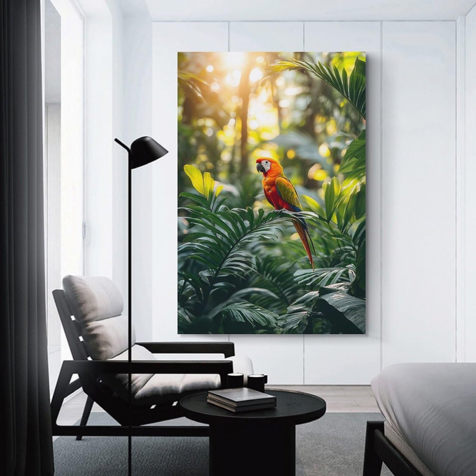 Junmoney Canvas Wall Decor Scarlet Macaw in Lush Jungle Setting, 20x30inch(50x75cm), for Bedroom Decor, Cosy Corners Or Studios, Decorative Wall Art for Cosy Rooms
