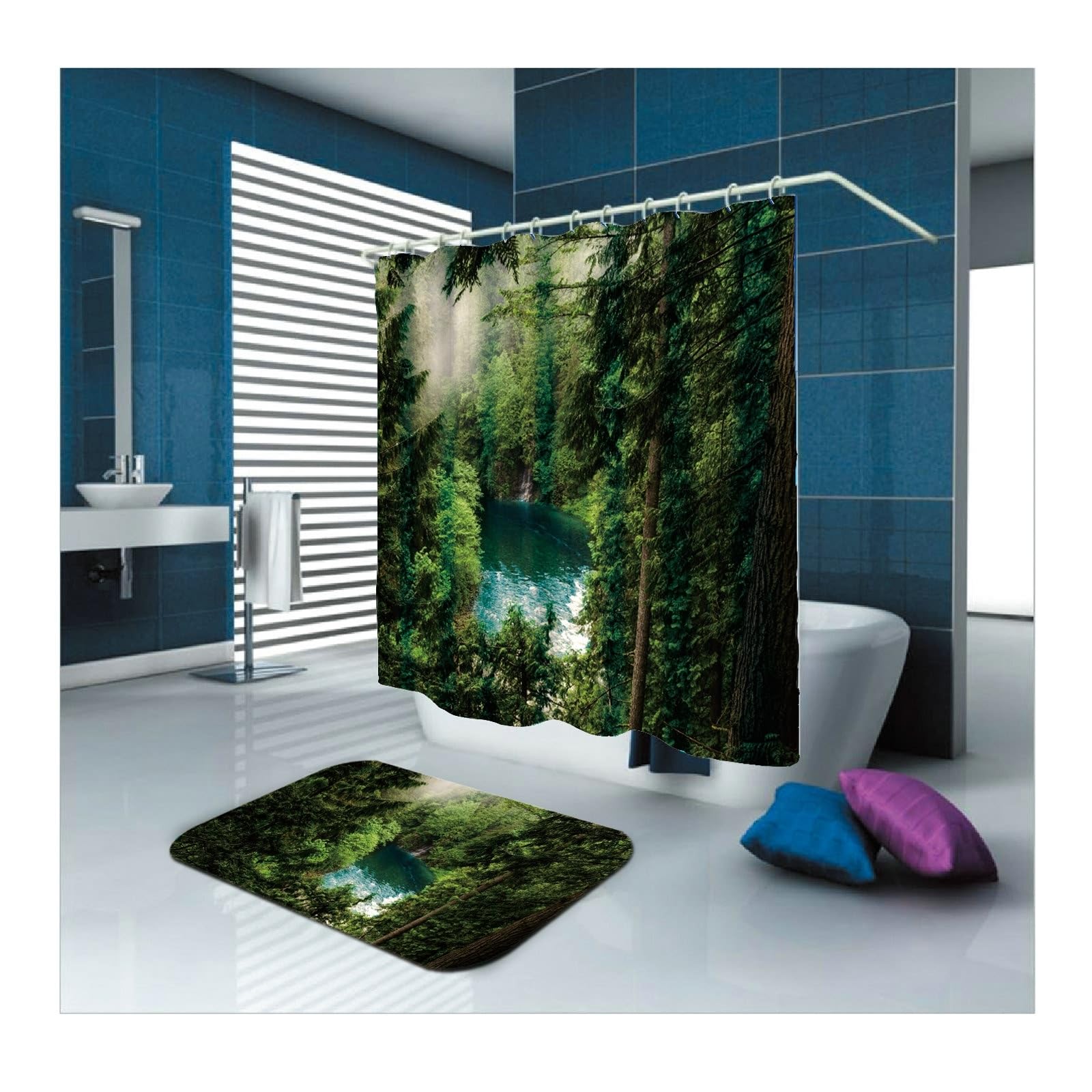 Cortina de ducha de 180 x 200 cm, tela textil verde, diseño de bosque, cortina de baño antimoho, poliéster, impermeable, lavable, cortinas, para baño, 1,8 x 2 m de largo (ancho x alto)