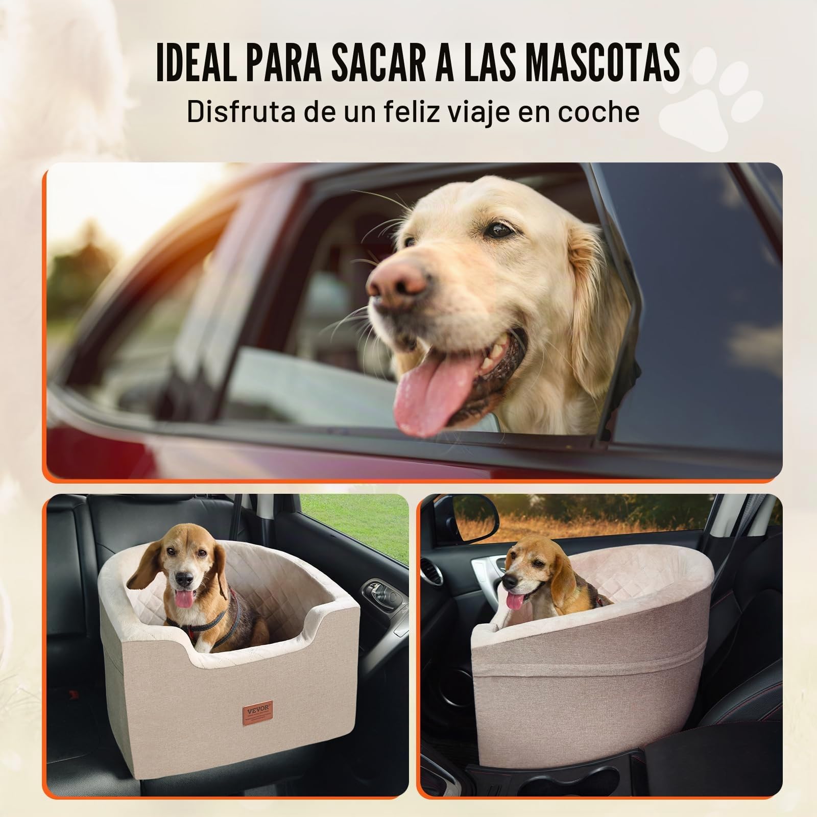 VEVOR Asiento de Coche para Perros 25 kg Asiento Elevado Impermeable para Mascotas con Respaldo Bolsillo de Almacenamiento Correa de Seguridad con Clip Acolchado de Esponja para Coche, Marrón