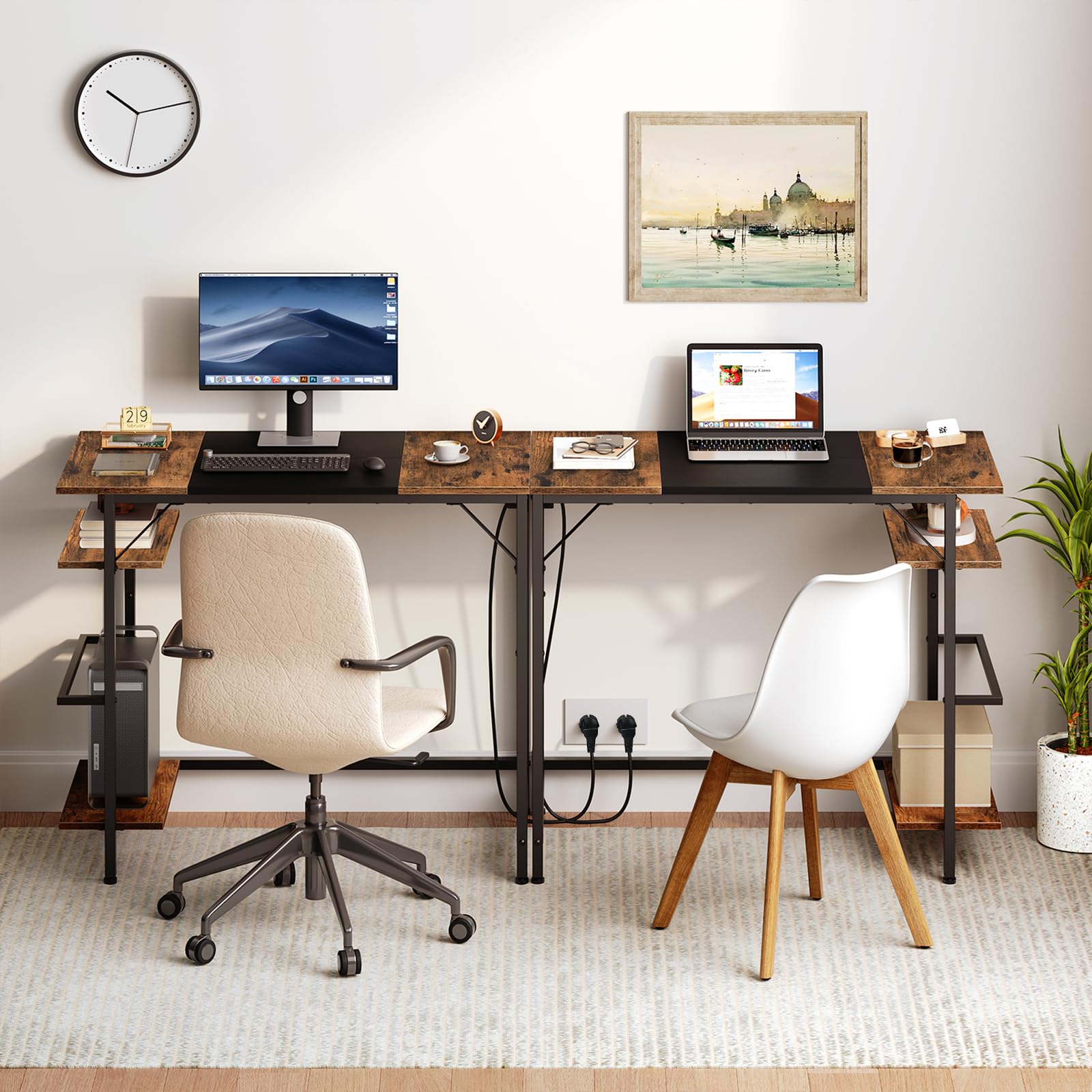 HOOBRO Escritorio, Mesa para Ordenador de 90 x 40 x 77 cm con Estación de Carga, Mesa de Oficina en Casa con Estantes, para Despacho, Estudio, Sala de Estar, Marrón Rústico y Negro EBF43CDN01