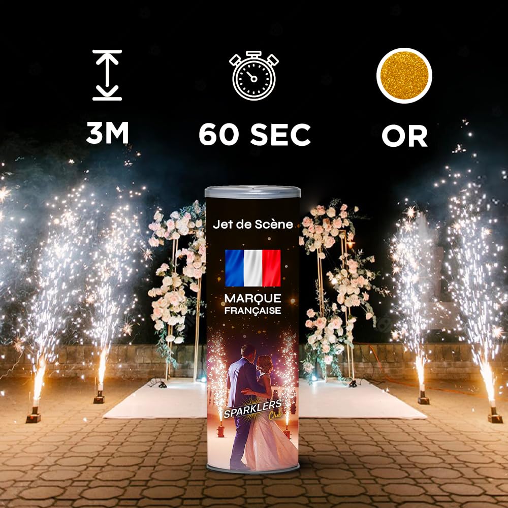 SPARKLERS CLUB Pack 2 Déclencheurs + 2 Jets de Scène 3 Mètres 60 Secondes couleur or - Pile et Télécommande Inclus - Jet de scène d'Intérieur à Étincelles pour Mariage - Catégorie F1